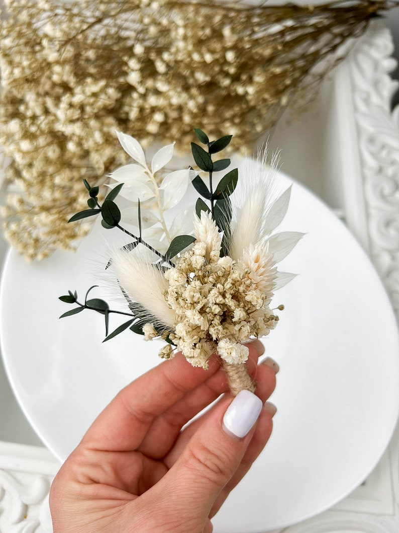 Eucalyptus Wedding boutonniere, Dried flower white boutonniere for Boho Wedding, Grooms buttonhole image 7