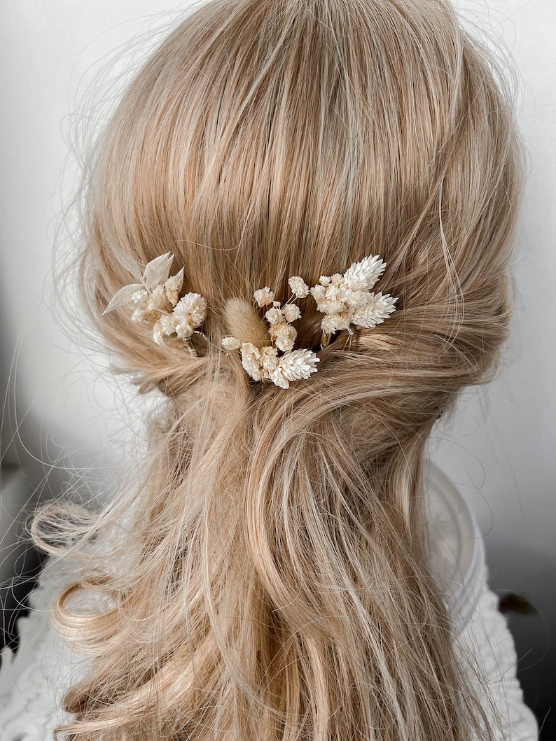 Épingles à cheveux bohèmes fleurs séchées, épingles à cheveux fleurs de mariage bohème blanches, accessoires pour cheveux de mariée, vraies pinces à cheveux florales en gypsophile image 10