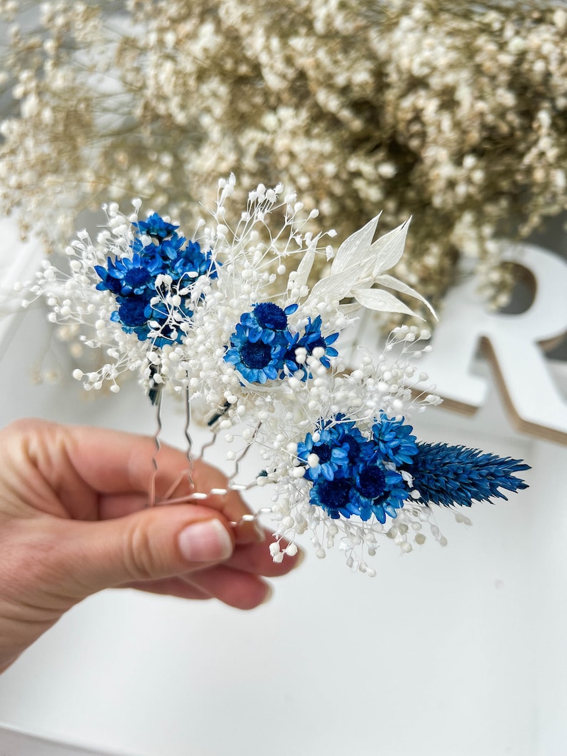 Majestic Blue Wedding Dried flower hair pins, Boho Bridal hair accessories, bohemian Gypsophila hair piece, Babys Breath hair clips image 8