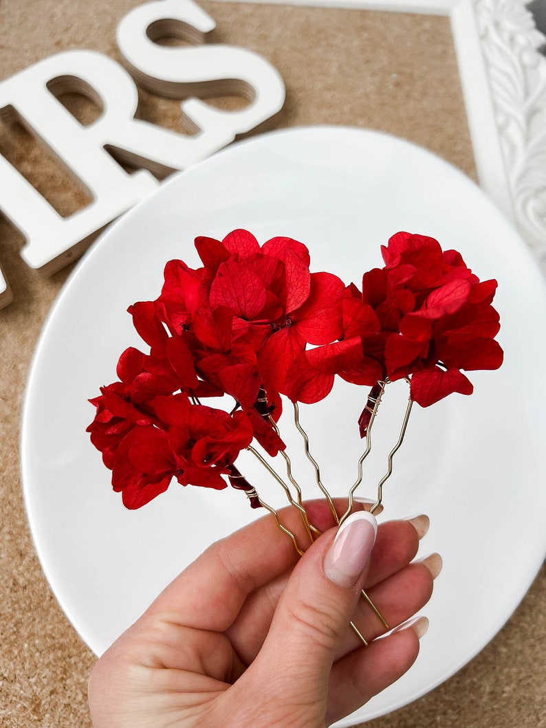 Épingles à cheveux fleurs séchées de mariage rouge bordeaux, accessoires pour cheveux bohème hortensia, morceau de cheveux floral, pinces à cheveux rouges image 4