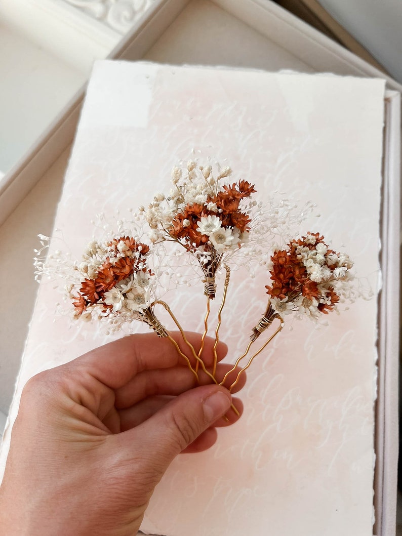 Épingles à cheveux fleurs séchées de mariage en terre cuite, accessoires de cheveux de mariage automne automne, morceau de cheveux de mariée bohème rustique, pinces à cheveux florales image 10