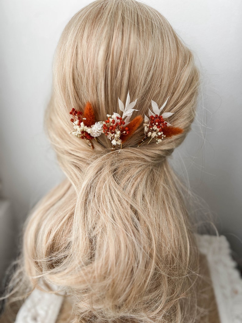 Forcine per capelli con fiori secchi in terracotta, accessori per capelli da sposa autunno autunno, pezzo per capelli da sposa rustico Boho, piccoli fermagli per capelli floreali immagine 5