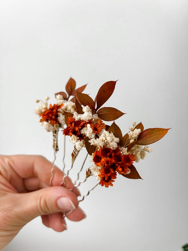 Épingles à cheveux de fleurs séchées de mariage en terre cuite rouille, accessoires de cheveux de mariage automne automne, morceau de cheveux de mariée orange brûlé bohème, pinces à cheveux florales image 10