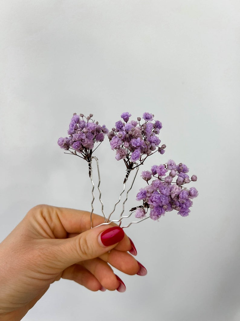 Lavender Purple Dried flower hair pins, Boho Wedding Floral hair accessories, Bridal hair clips, bohemian hair piece image 6