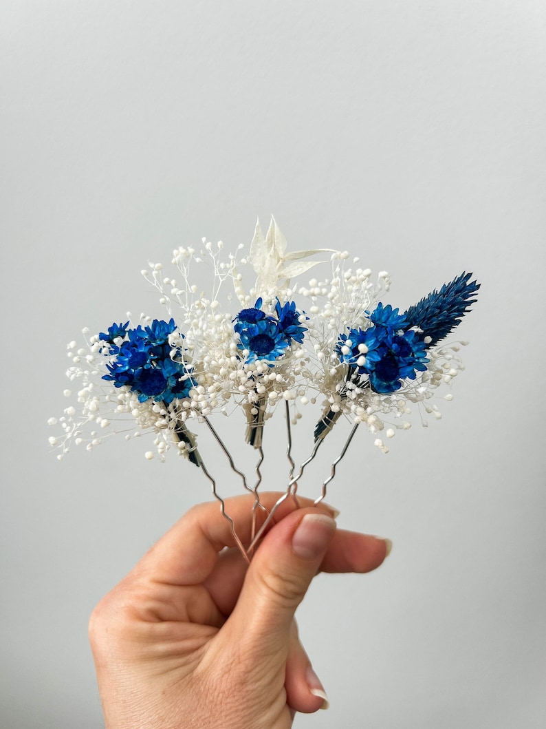 Épingles à cheveux fleurs séchées de mariage bleu majestueux, accessoires pour cheveux de mariée Boho, postiche de gypsophile boho, pinces à cheveux Babys Breath image 1
