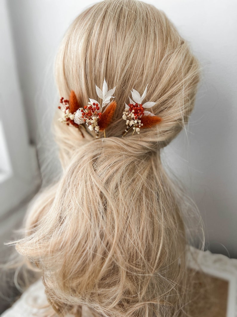 Forcine per capelli con fiori secchi in terracotta, accessori per capelli da sposa autunno autunno, pezzo per capelli da sposa rustico Boho, piccoli fermagli per capelli floreali immagine 9