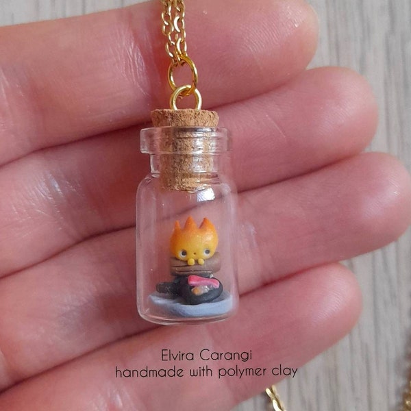 Collier collier bouteille flamme calcifer anime bouteille en pâte polymère pâte fimo