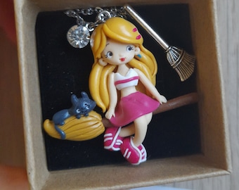 PRZEDSPRZEDAŻ Naszyjnik Sabrina strega czarownica figurka gliniana anime stara kreskówka ręcznie robiona przez Elvirę Carangi Sabrina strega czarownica