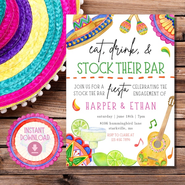 Stock The Bar Party Invite | Engagement Party | Couples Shower | Fiesta Engagement Party | Taco Party | DIY Editable Invitation | Mexican