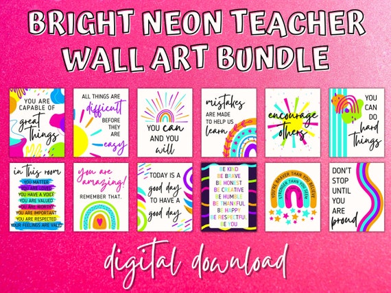 Growth Mindset Posters | Inspirational Teacher Wall Art | Digital Printable | Classroom Art | Gift for Teacher | Bright Neon Educator Art