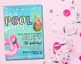 Pool Party Birthday Invitation For Kids | Flamingo Party Invitation | Tropical Birthday Invite | Pool Party Invitation for Girls | Tropical