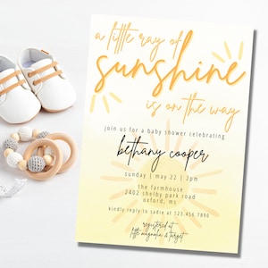 May include: A yellow and white baby shower invitation with the text "a little ray of sunshine is on the way" and a sun graphic. The invitation also includes the name "bethany cooper", the date "sunday | may 22 | 2pm", the location "the farmhouse 2402 shelby park road oxford, ms", and the text "kindly reply to sadie at 123.456.7890" and "registered at little magnolia & target".