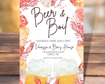 May include: A white invitation with a watercolor illustration of crawfish, corn, lemons, and beer. The text reads "Beer & Boil", "Saturday, April 30th, 2PM", "Vanessa & Ben's House", "7464 Augusta Cove, Tupelo, MS", and "RSVP to 123.456.7890".