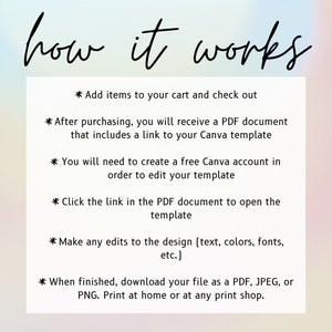 May include: A step-by-step guide on how to use a Canva template. The guide explains how to add items to your cart, purchase the template, create a free Canva account, open the template, make edits, and download the finished file as a PDF, JPEG, or PNG.