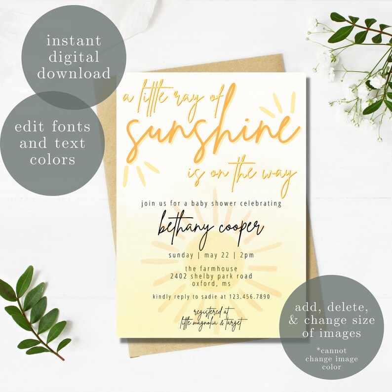 May include: A yellow and white baby shower invitation with the text "A little ray of sunshine is on the way" and a sun graphic. The invitation includes the name "Bethany Cooper", the date "Sunday, May 22", the time "2 PM", the location "The Farmhouse, 2402 Shelby Park Road, Oxford, MS", and the RSVP information.