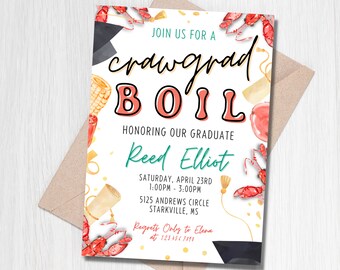 Puede incluir: Una invitación blanca con un diseño de cangrejo rojo y turquesa. El texto dice "Únete a nosotros para un crawgrad boil en honor a nuestro graduado Reed Elliot. Sábado, 23 de abril 1:00pm - 3:00pm 5125 Andrews Circle Starkville, MS Lamentamos que Elena no pueda asistir al 123.456.7890"