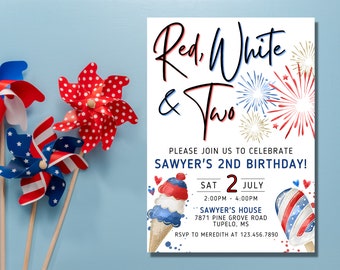 May include: Red, white, and blue birthday party invitation with a fireworks design. The invitation says "Red, White & Two" and "Please join us to celebrate Sawyer's 2nd Birthday!"  The invitation also includes the date, time, and location of the party.