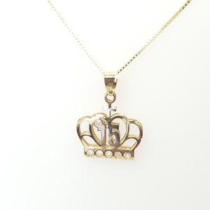 10K Solid Real Gold 15 Crown Pendant Charm Pendant Charm with Box Chain