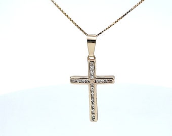 10K Solid Yellow Gold Cz Jesus Cross Charm with Box Chain