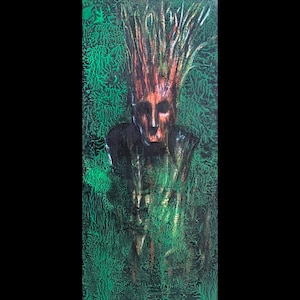 May include: An abstract painting featuring a figure with a face and a crown of hair-like structures. The figure is set against a textured green background, with the figure's body appearing to be emerging from the green. The color palette includes shades of brown, green, and black.
