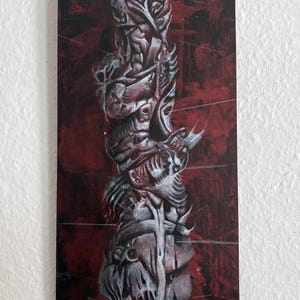 May include: Vertical artwork featuring a detailed, abstract sculpture in shades of gray and white against a deep red background. The sculpture has a textured, organic appearance, with intricate details and a sense of depth.