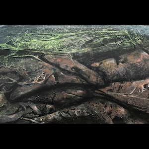May include: Abstract painting with dark brown and black colors, with a green overlay in the top left corner. The painting has a textured surface and appears to be made with charcoal or chalk.