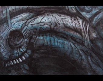 goat ghost -  original painting (acrylic and crayon on paper) (dark art surrealism teeth skull)