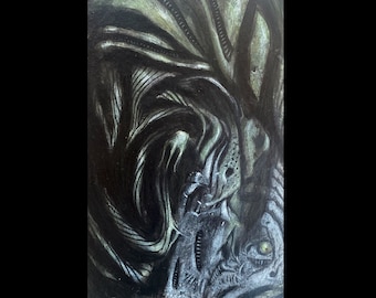 Cave - small original painting, acrylic and crayon on paper, uniue dark surrealism art