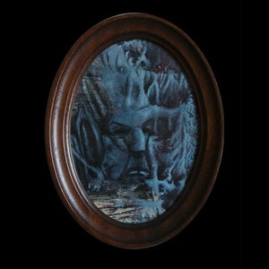 small original painting (acrylic and crayon on paper, in oval woden frame) dark art surreal decalcomanie