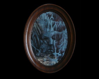 small original painting (acrylic and crayon on paper, in oval woden frame) dark art surreal decalcomanie