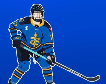 Könnte beinhalten: Illustration eines Eishockeyspielers in einem blau-gelben Trikot, der einen Helm trägt und einen Schläger hält. Der Spieler befindet sich auf einem einfarbigen blauen Hintergrund. Das Trikot hat die Nummer 17 und ein Logo.