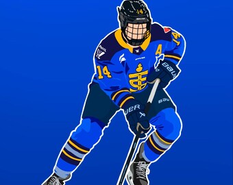 Könnte beinhalten: Illustration eines Eishockeyspielers in einem blau-gelben Trikot mit der Nummer 14. Der Spieler trägt einen schwarzen Helm und Schlittschuhe und hält einen Hockeyschläger. Der Hintergrund ist einfarbig blau.