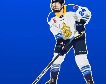Könnte beinhalten: Illustration eines Hockeyspielers in einem weißen, blauen und gelben Trikot mit der Nummer 24. Der Spieler trägt einen schwarzen Helm und Schlittschuhe und hält einen Hockeyschläger. Der Hintergrund ist einfarbig blau.