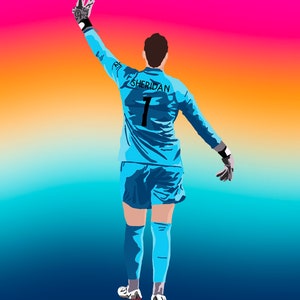 May include: A soccer goalkeeper wearing a light blue jersey with the number 7 and the name "Sheridan" on the back. The goalkeeper is raising his right arm in the air, wearing a light blue glove. The background is a gradient of pink, orange, and blue.
