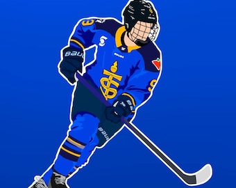 Könnte beinhalten: Illustration eines Hockeyspielers in blau-gelber Uniform, Helm und Handschuhen, der mit einem Hockeyschläger auf blauem Hintergrund Schlittschuh läuft. Der Spieler trägt die Nummer 3.