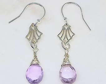 art deco earrings, amethyst earrings, sterling silver earrings, purple earrings, amethyst gemstone earrings, gift for friend