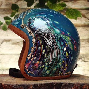 Custom Motorcycle Helmet Painted Retro 3/4  Helmet with Leather Trim, Fiberglass Shell