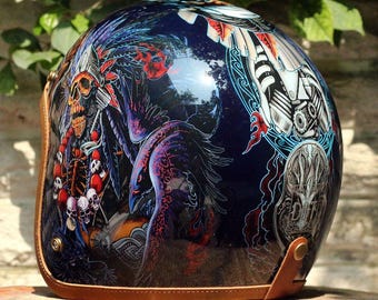 custom painted 3 4 motorcycle helmets Custom Painted Motorcycle Helmet: Retro 3/4 Fiberglass Helmet With Leather  Trim