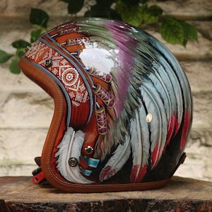 Custom Indian Feather Design 3/4 Motorcycle Helmet