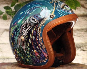 airbrushed 3 4 motorcycle helmet Custom Motorcycle Helmet Painted Retro 3/4 Helmet With Leather Trim,  Fiberglass Shell