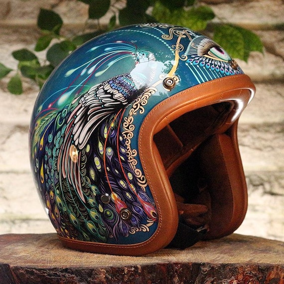 Custom Motorcycle Helmet Painted Retro 3/4 Helmet With Leather Trim, Fiberglass Shell - Etsy Custom Motorcycle Helmet Painted Retro 3/4 Helmet With Leather Trim, Fiberglass Shell - Etsy