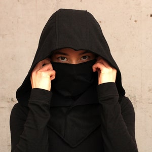 Black Techwear Assassin Ninja Samurai Mask Hood Hoodie Halloween Costume Cosplay Larp Armor Tech Wear