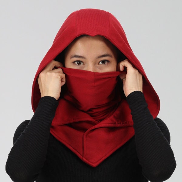 Rouge foncé Assassin Ninja Masque Capuche Capuche Écharpe Snood À Capuche Roi Costume Main Cosplay GN Femmes Hommes