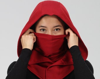 Deep Red Assassin Ninja Mask Hood Cowl Scarf Snood Hoodie King Costume Hand Cosplay Larp Womens Mens