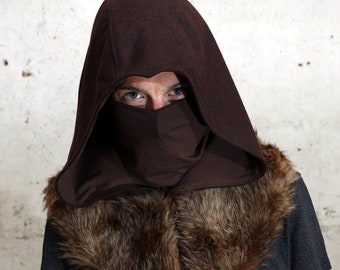 Capuche en laine brune et manteau d'épaule en fausse fourrure de Viking, cape de manteau, déguisement barbare, reconstitution de GN, masque médiéval d'assassin, ninja