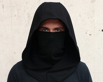 Black Wool Assassin Ninja Mask Hood Casual Cowl Hoodie Costume Cosplay Larp Reenactment