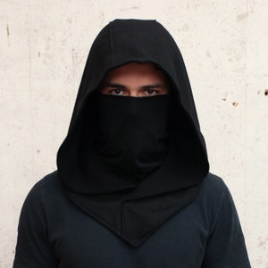 Black Wool Assassin Ninja Mask Hood Casual Cowl Hoodie Costume Cosplay Larp Reenactment