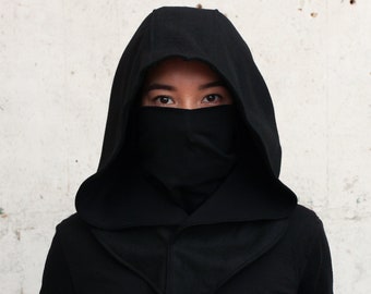 Black Wool Assassin Ninja Mask Hood Casual Cowl Hoodie Costume Cosplay Larp Reenactment