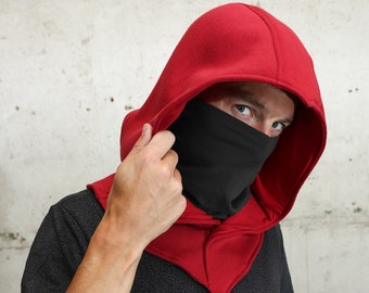 Rouge foncé Assassin Ninja Masque Capuche Capuche Écharpe Snood À Capuche Roi Costume Cosplay GN Femmes Hommes