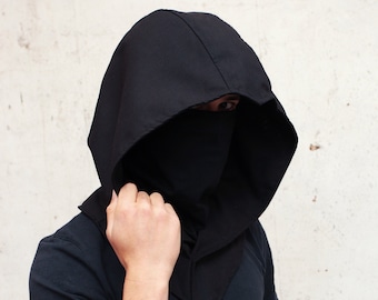 Black Linen Assassin Ninja Mask Rave Hood Casual Cowl Hoodie Costume Cosplay Larp Reenactment Alt Clothing Head Scarf Boho Gypsie Top Cyber